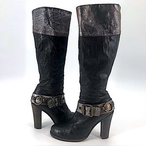 Vic Matie Steampunk Bikercore Leather Metallic Harness Buckle Heeled Moto Boots